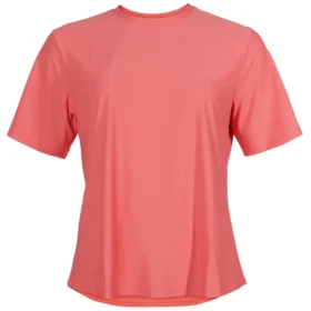 Coralfärgad tränings t-shirt med lite lösare passform. T-shirten visas framifrån i en studio med vit bakgrund.